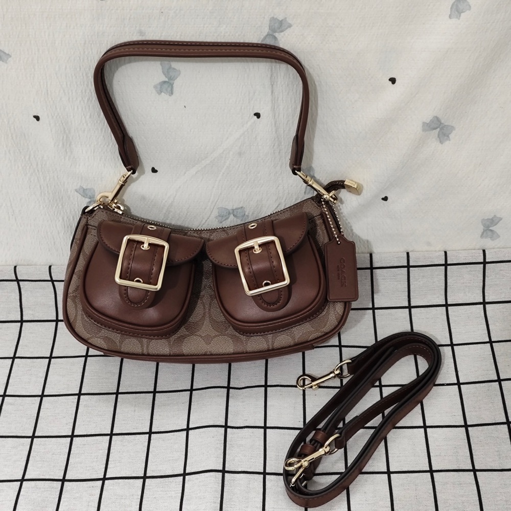 Coach Brown Signature Canvas Crossbody with Leather Buckle Pockets - Picture 1 of 6